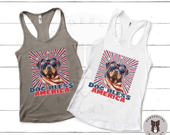 4 lipca Dog Bless America Rottweiler Damski Top Racerback Next Level, Damski T-shirt 4 lipca, Koszulka z okazji Dnia Niepodległości Rottweilera