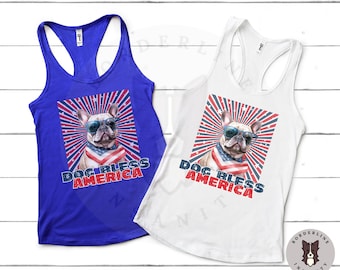 4th of July Dog Bless America French Bulldog Women's Next Level Racerback Tank, Women's 4th of July Tee, Frenchie Independence Day Shirt
