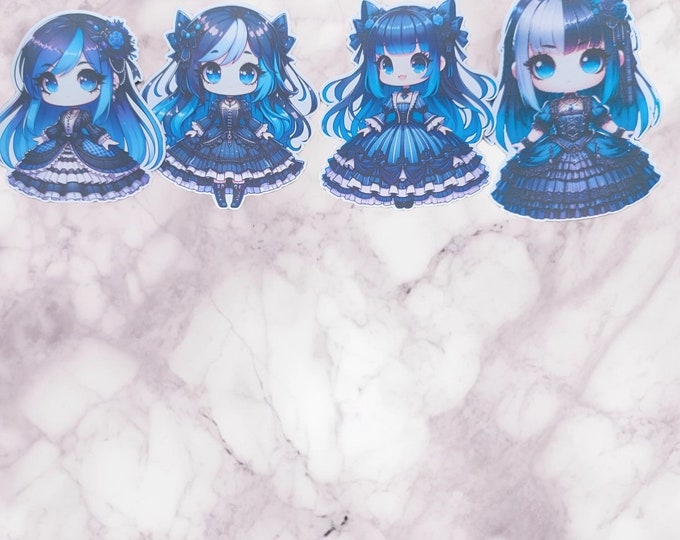 Cute Girl Chibi anime Sticker Set- Featuring Blue Gothic Girls - Fun Anime