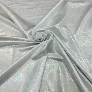 Exotic snake design iridescent white hologram metallic nylon spandex 4-way stretch 58/60”