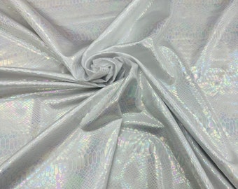 Exotisches Schlangendesign schillerndes weißes Hologramm Metallic Nylon Spandex 4-Wege-Stretch 58/60”