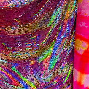 Iridescent Honeycomb Hologram Sequins on Nylon Spandex Fabric (Iridescent Dots on White Sequins, 1 Yard)