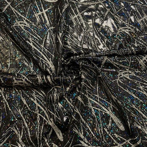 New splatter abstract design metallic hologram shattered glass with Diamond flocking 4-way stretch 58/60”