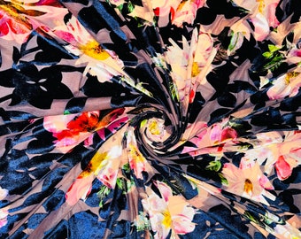 Luxury Italian Burnout stretch velvet floral design silky quality Midnight Blue/Multicolor 4-way stretch 54/55” Sold by the YD.