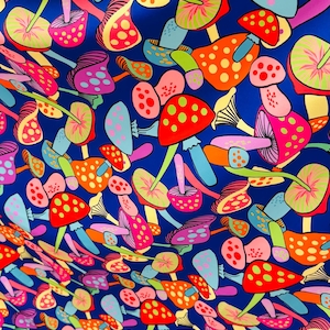Magic Mushrooms design Sapphire /multicolor print on best quality of Nylon spandex 4-way stretch 58/60” Sold by the YD. Ships Worldwide
