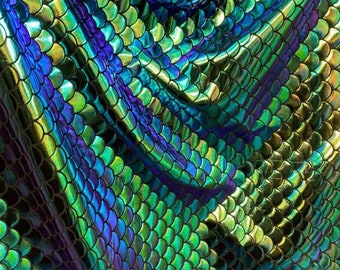 Spandex de nailon metalizado verde violeta iridiscente con diseño de sirena elástico en 4 direcciones 58/60”