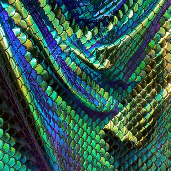 Mermaid design iridescent Green purple metallic nylon spandex 4-way stretch 58/60”