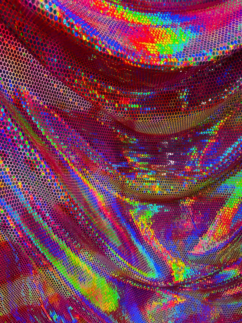 Iridescent Honeycomb Hologram Sequins on Nylon Spandex Fabric (Iridescent Dots on Gold Sequins, 1 Yard)