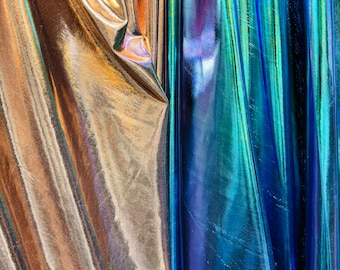 Iridescent all over foil metallic nylon spandex 4-way stretch 58/60” Sold by the YD. Ships worldwide from Los Angeles California USA