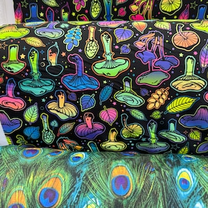 New mushroom design and peacock print on great quality of nylon spandex 4-way stretch 58/60” High quality fabrics by EthanLASpandex