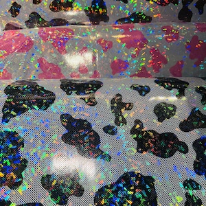 Motif vache luxueux sur verre brisé métallisé hologramme extensible dans 4 directions, 58/60 po. Vendu par YD.