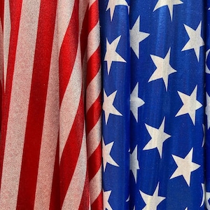 Stars and Stripes freedom design metallic nylon spandex 4-way stretch 58/60” Sold by the YD.