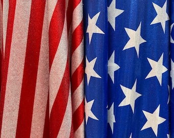 Stars and Stripes freedom design metallic nylon spandex 4-way stretch 58/60” Sold by the YD.