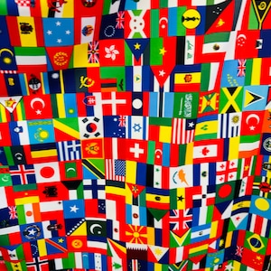 May include: A colorful fabric with a pattern of flags from around the world. The flags are arranged in a grid pattern and are all different sizes and shapes. The fabric is a great way to show your patriotism or to add a touch of global flair to your home decor.