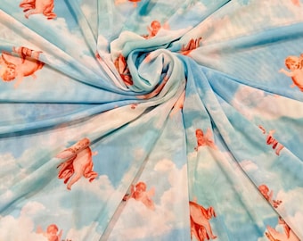 Diseño Celestial Angels Marca de moda en azul cielo Malla de nailon resistente Elástico en 4 direcciones 58/60” Se vende por yarda. Telas de alta calidad de EthanLASpandex