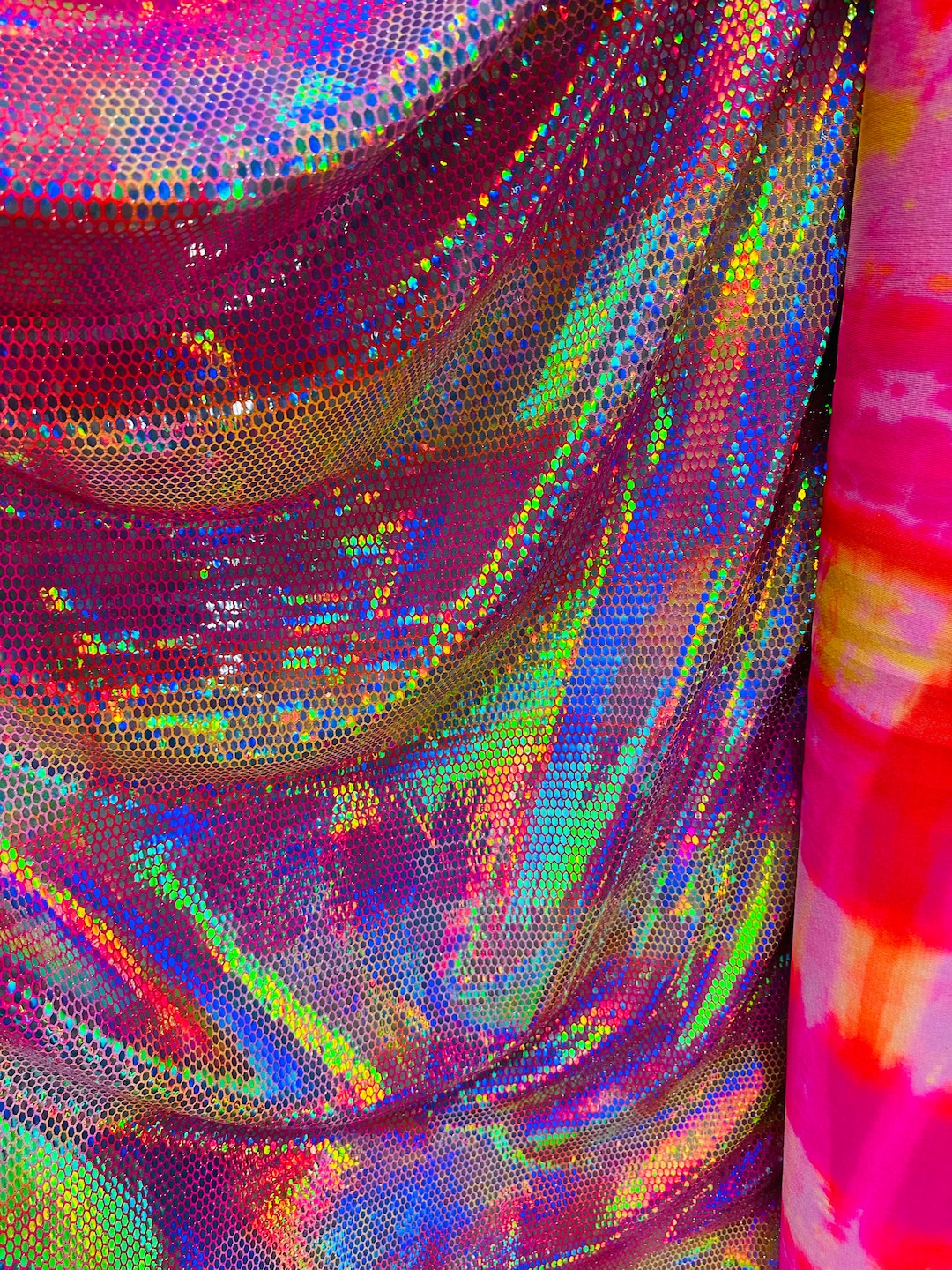 Iridescent Honeycomb Hologram Sequins on Nylon Spandex Fabric (Iridescent Dots on White Sequins, 1 Yard) main image 0