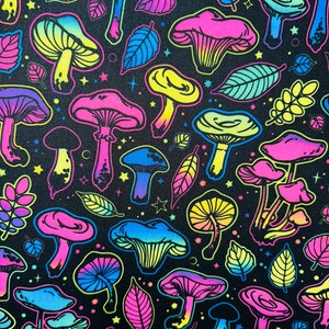 Magic Mushrooms design Black/Rainbow print on best quality of Nylon spandex 4-way stretch 58/60” Sold by the YD. Ships Worldwide From LA