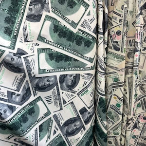 Money 100 dollars and multi bill design hologram metallic nylon spandex 4-way stretch 58/60” Sold by the YD.