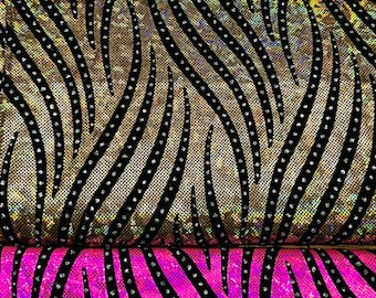 Lujoso diseño abstracto de cebra, holograma de vidrio roto con flocado de diamantes, spandex metálico, elástico en 4 direcciones, 58/60"
