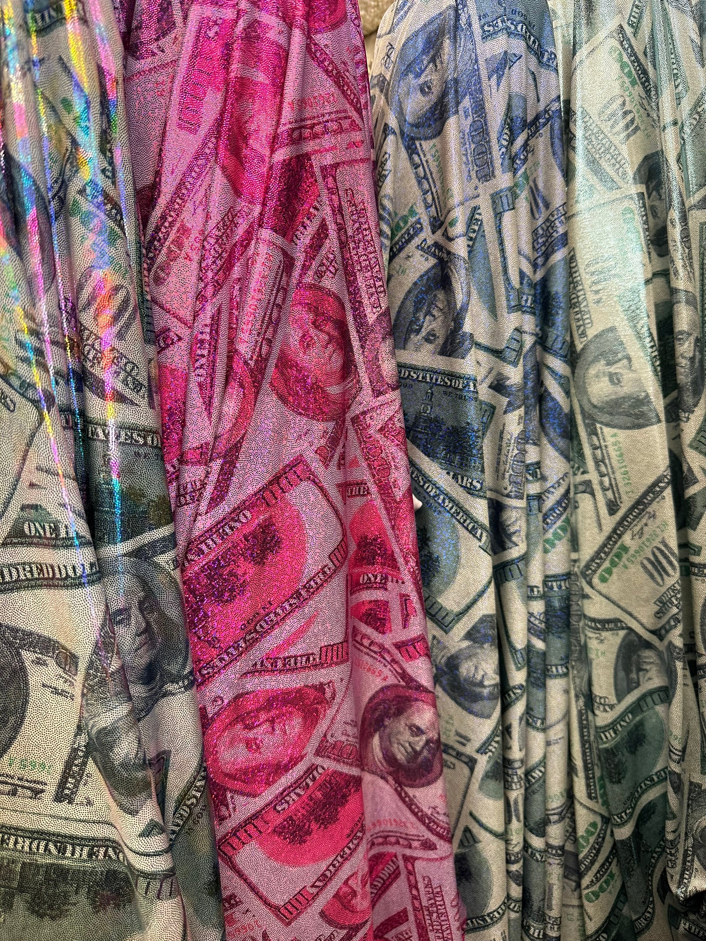 Money 100 Dollars Bill Design Hologram Metallic Nylon Spandex 4 way 