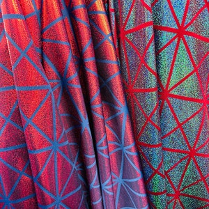 Geometric design hologram metallic nylon spandex 4-way stretch 58/60” Sold by the YD. Ships worldwide from Los Angeles California USA