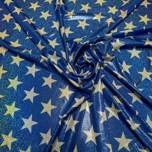 Stars design Blue/White on hologram foggy foil nylon spandex 4-way stretch 58/60” Sold by the YD.