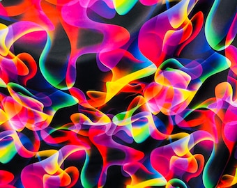 Puede incluir: Tela abstracta con un patrón de colores vibrantes, en espiral, de rosa neón, azul, verde, amarillo y naranja sobre un fondo negro.