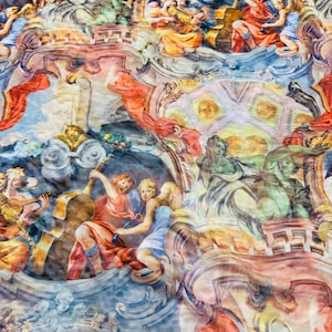 Divine celestial angels design print on great quality of nylon power mesh 4-way stretch 58/60” Sold by the YD.