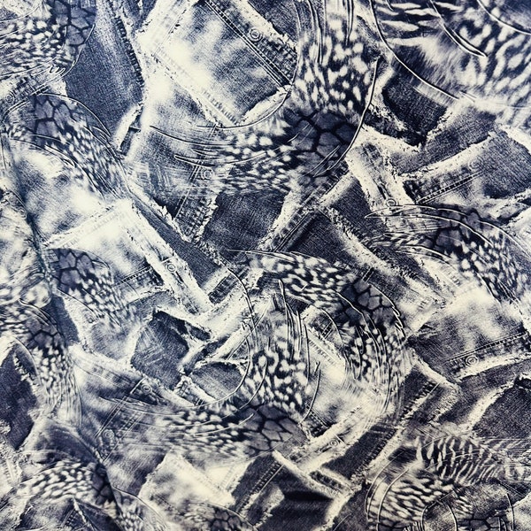 New Denim jeans design print on poly spandex 4-way stretch 58/60” Sold by the YD.