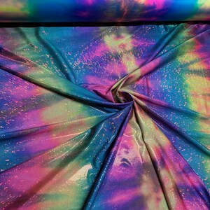 Tie dye rainbow design Hologram shattered glass metallic nylon spandex 4-way stretch 58/60”