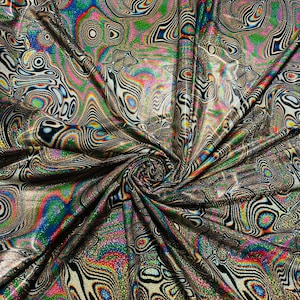 Deluxe modern abstract design multicolor print on great quality of hologram metallic nylon spandex with foggy foil 4-way stretch 58/60”