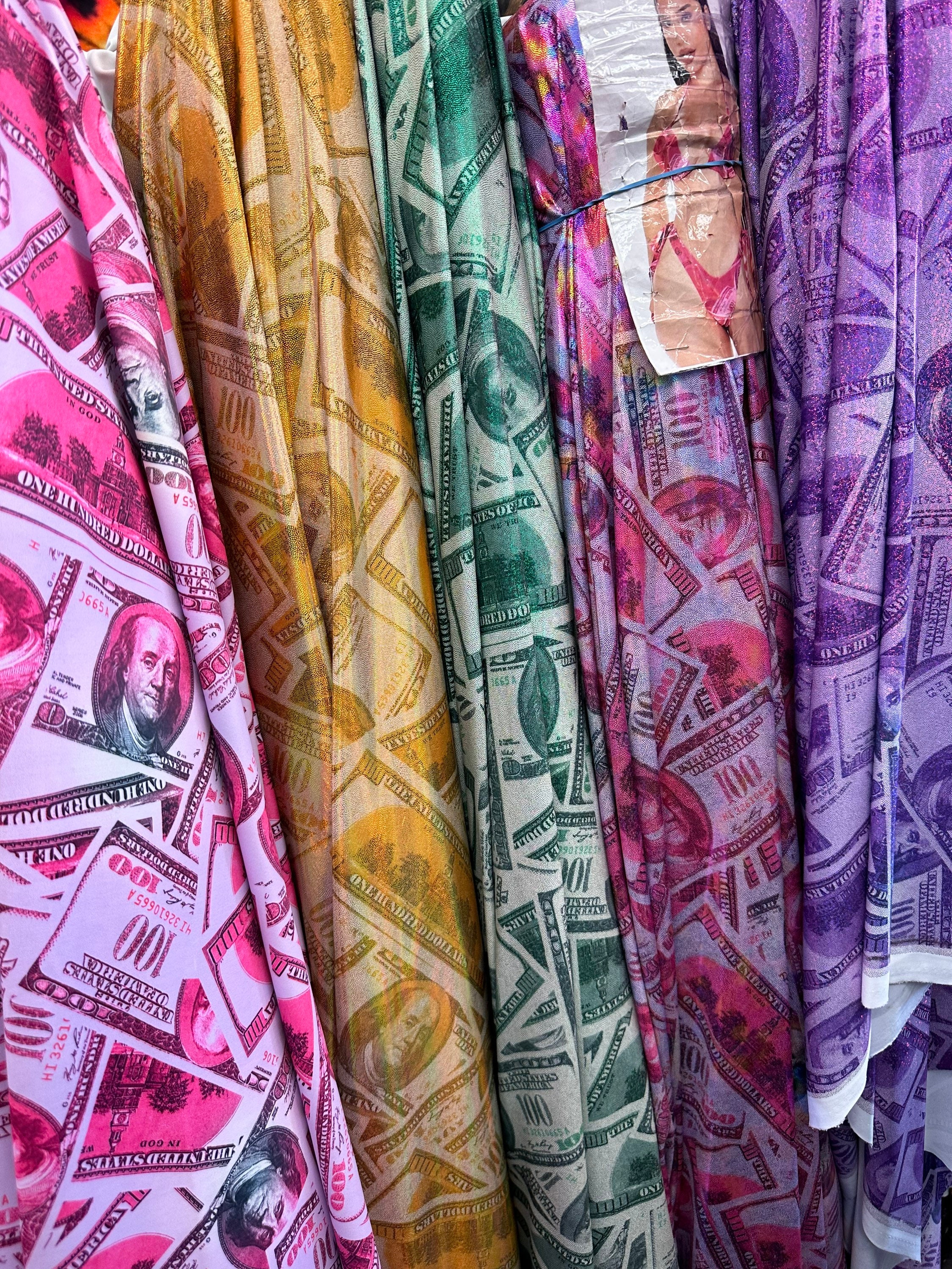Mia's Fabrics Inc, Money Print Fabric Metallic Pink 100 Dollar