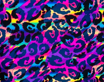 May include: Abstract leopard print pattern in shades of pink, purple, blue, and yellow with black spots. The background is a dark blue with a rainbow effect.