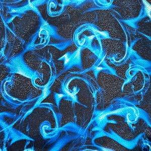 Tornado Fire Design Black/Sapphire metallic nylon spandex with foggy foil 4-way stretch 58/60” High quality fabrics by AlexLAFabrics