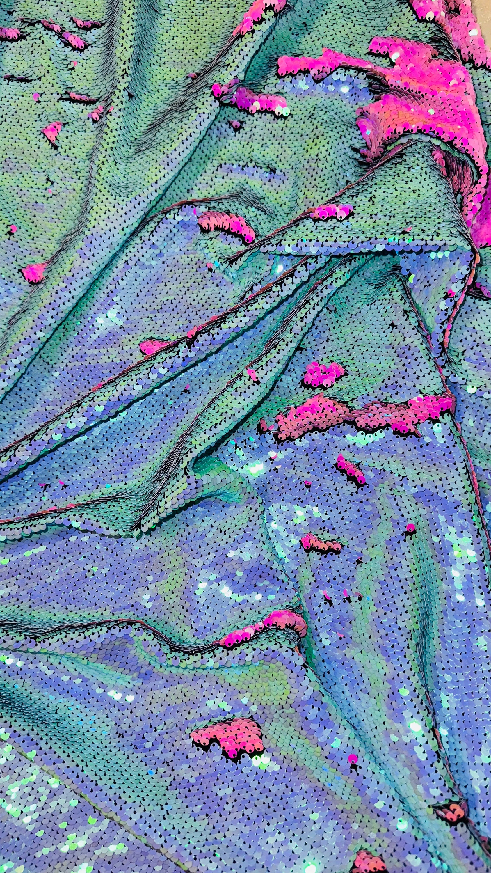 New Reversible Sequins Two Tone Iridescent Aqua/pink 2-way Stretch 58/ ...