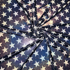 Luxury stars design Midnight Blue/White hologram metallic nylon spandex 4-way stretch 58/60” Sold by the YD