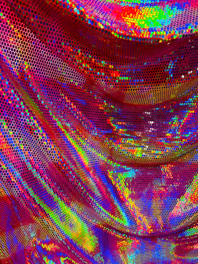 Iridescent Honeycomb Hologram Sequins on Nylon Spandex Fabric (Iridescent Dots on Gold Sequins, 1 Yard) main image 0