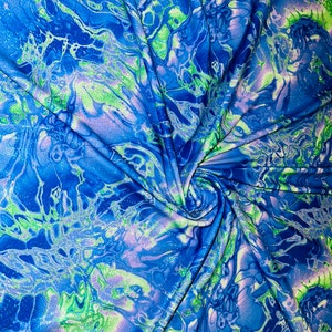New modern Lava abstract design print on metallic nylon spandex with foggy foil best quality of spandex 4-way stretch 58/60”