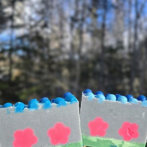 May include: Two bars of handmade soap with a gray base, pink flower accents, and blue bead-like embellishments. The bottom has a green layer, and the soap rests on a wooden soap dish. The background is a blurred view of trees.