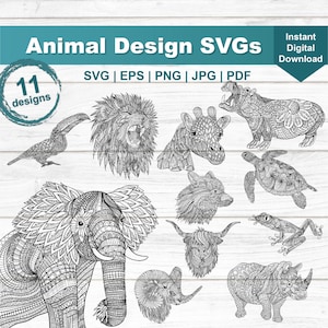 Puede incluir: Un conjunto de 11 diseños de animales en SVG en blanco y negro, que incluyen un tucán, un león, una jirafa, un hipopótamo, una tortuga marina, un lobo, una vaca de las tierras altas, un carnero, una rana, un elefante y un rinoceronte. Los diseños son intrincados y detallados, con un patrón similar a un mandala.