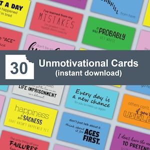 30 niet-motiverende afdrukbare kaarten | Grappige citaten over het leven | Niet-inspirerende, niet-bevestigende kaarten