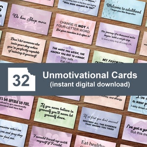 32 Tarjetas imprimibles sin motivación / Tarjetas sin inspiración, sin afirmación / Citas divertidas sobre la vida / Sarcasmo atrevido