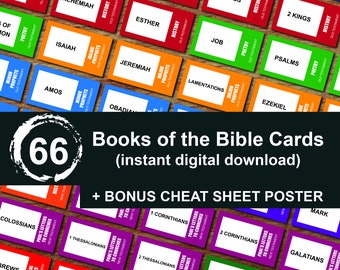 May include: A set of 66 colorful cards with the names of the books of the Bible. The cards are arranged in a grid pattern and are labeled with the book's name, category, and testament. The cards are designed for a game or learning activity. The text "Books of the Bible Cards" and "(instant digital download)" is displayed in a large font at the bottom of the image. The text "+ BONUS CHEAT SHEET POSTER" is displayed in a smaller font below the previous text.
