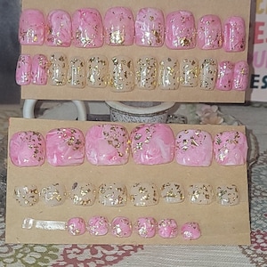 Pink and White Marble with Gold Flakes Matching Finger and Toes Set