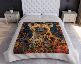Hyena Art Crushed Velvet Blanket, Floral Hyena Artwork, Cozy Soft Throw, Home Decor, Animal Lovers Gift Idea, African Animal, Plush Blanket