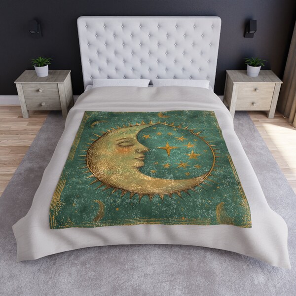 Crushed Velvet Blanket, Celestial Moon and Stars Design, Cozy Home Decor Throw, Snuggle Warm Winter Bedding, Zodiac, Luxurious Sleepy Moon