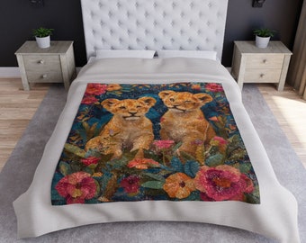 Lion Cubs Crushed Velvet Throw Blanket, Luxurious Floral Design, Cozy Home Decor, Soft Plush Bedding, Unique Gift Idea, Warm Big Cat Blanket