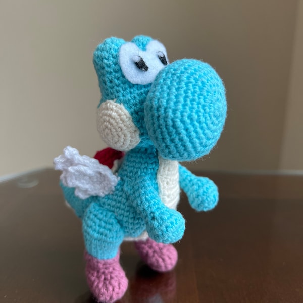 Hand-made Amigurumi ** 6.5" BLUE YOSHI with WINGS ** from Super Mario Brothers Cotton Yarn Crochet Collectible