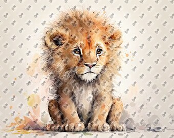 Stampa digitale simpatico leoncino dell'acquerello - Decorazione d'arte della parete della scuola materna - Download istantaneo stampabile - Idea regalo per baby shower - Arte AI