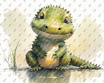 Linda acuarela bebé cocodrilo impresión digital - decoración de arte de la pared de la guardería - descarga instantánea imprimible - idea de regalo de baby shower - arte AI